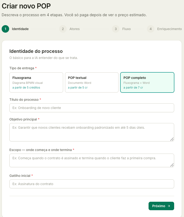 Formulário do FluxoGen para descrever o processo em etapas